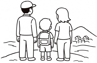 高台から町を見つめる親子のイラスト